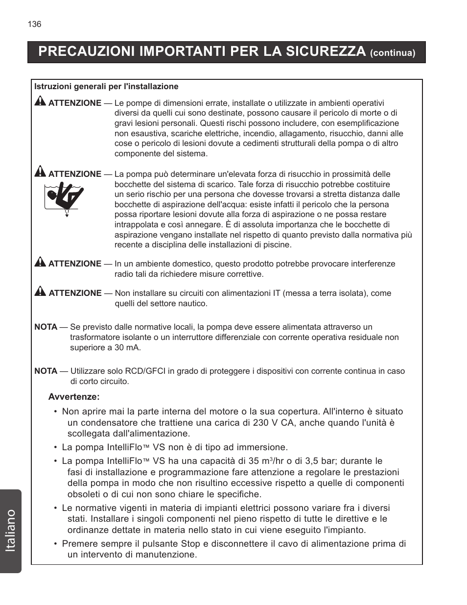 Precauzioni importanti per la sicurezza, Italiano | Pentair INTELLIFLO VS-3050 User Manual | Page 136 / 158