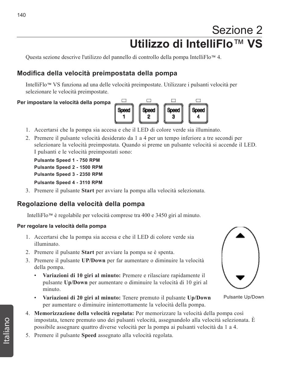 Sezione 2 utilizzo di intelliflo ™ vs, Italiano | Pentair INTELLIFLO VS-3050 User Manual | Page 140 / 158