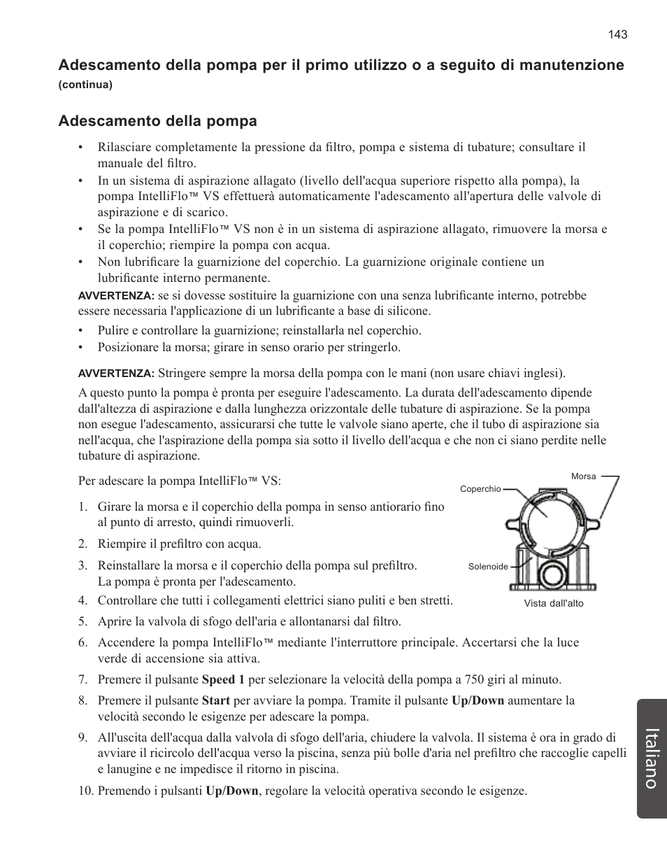 Italiano, Adescamento della pompa | Pentair INTELLIFLO VS-3050 User Manual | Page 143 / 158