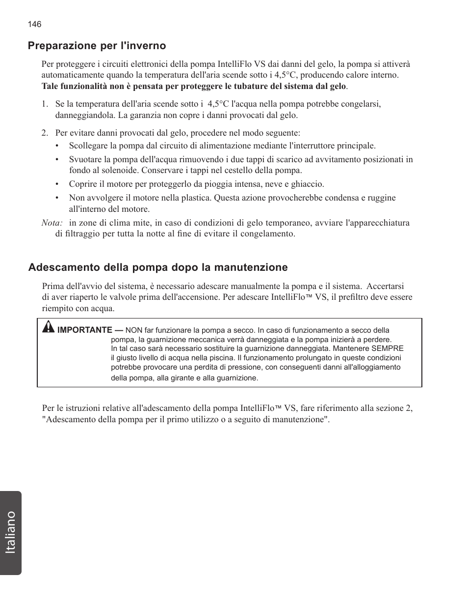 Italiano | Pentair INTELLIFLO VS-3050 User Manual | Page 146 / 158