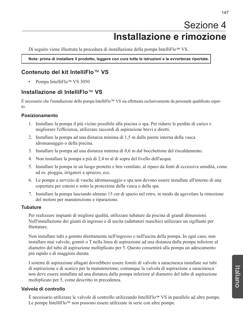 Sezione 4 installazione e rimozione, Italiano | Pentair INTELLIFLO VS-3050 User Manual | Page 147 / 158
