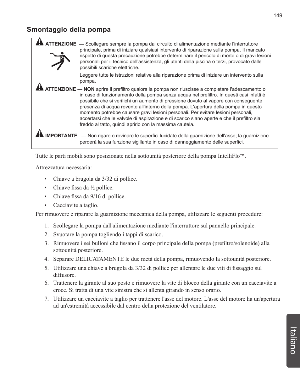 Italiano, Smontaggio della pompa | Pentair INTELLIFLO VS-3050 User Manual | Page 149 / 158