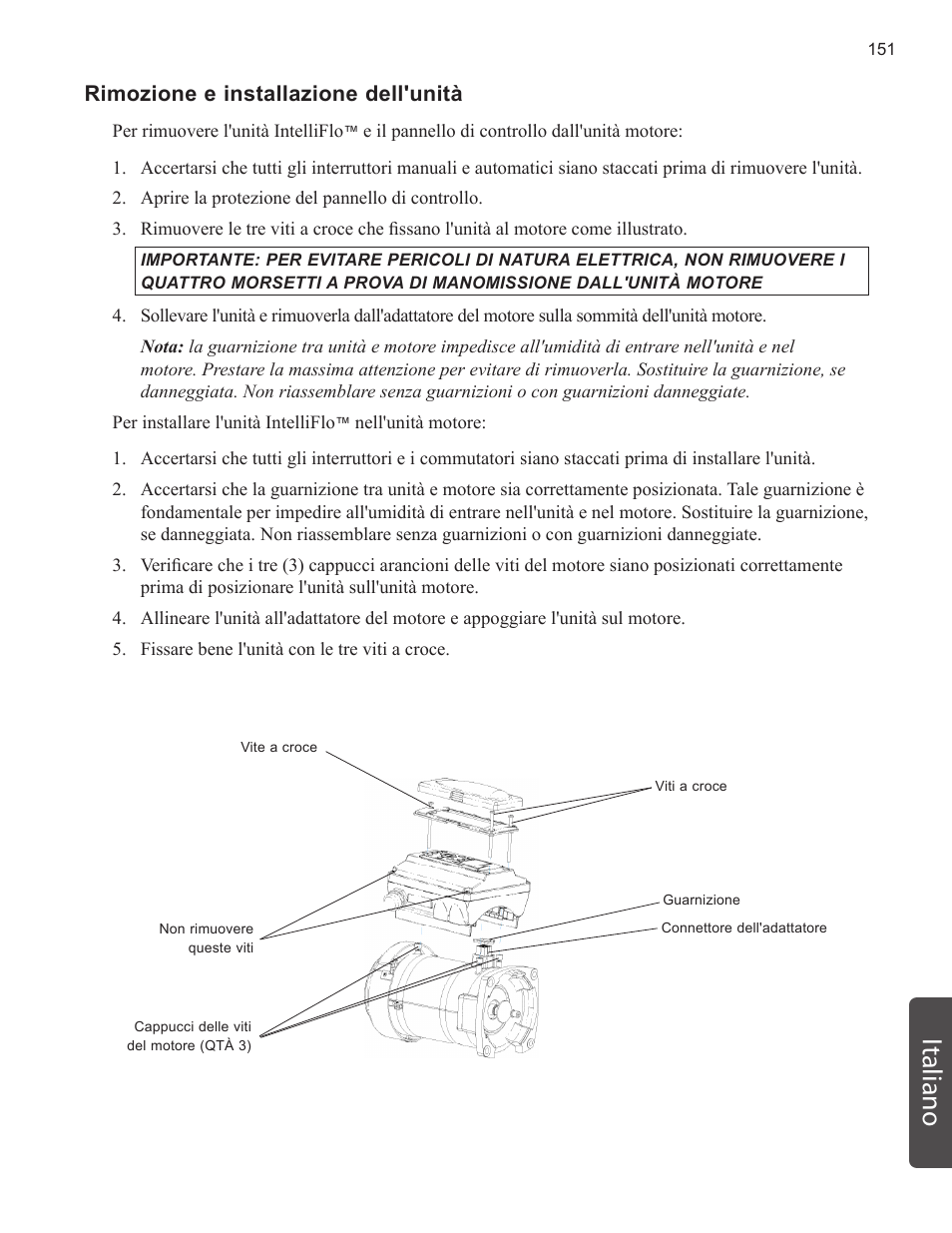 Italiano, Rimozione e installazione dell'unità | Pentair INTELLIFLO VS-3050 User Manual | Page 151 / 158