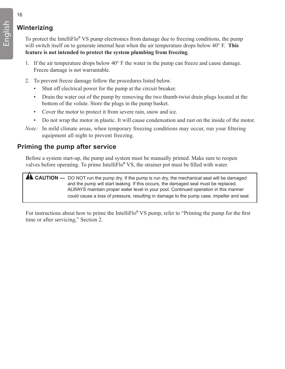 English, Priming the pump after service, Winterizing | Pentair INTELLIFLO VS-3050 User Manual | Page 16 / 158
