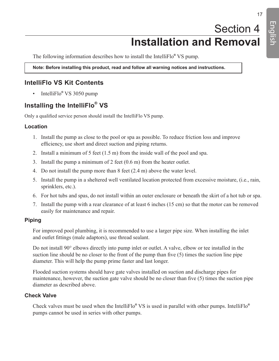 Installation and removal, English | Pentair INTELLIFLO VS-3050 User Manual | Page 17 / 158