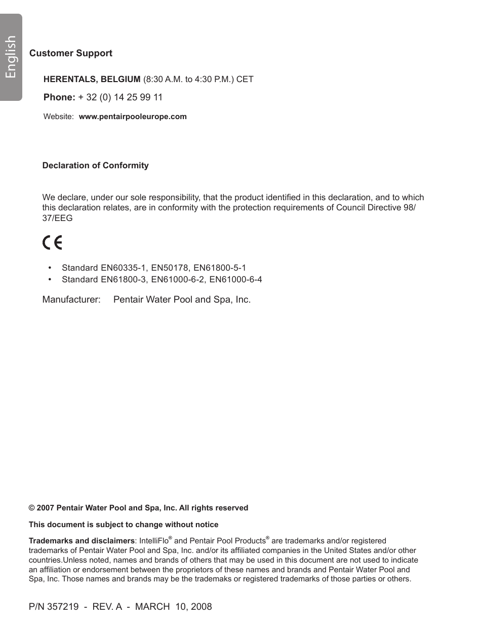 English | Pentair INTELLIFLO VS-3050 User Manual | Page 2 / 158