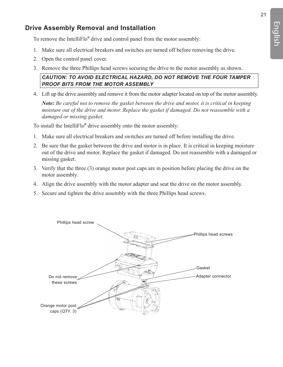 English, Drive assembly removal and installation | Pentair INTELLIFLO VS-3050 User Manual | Page 21 / 158