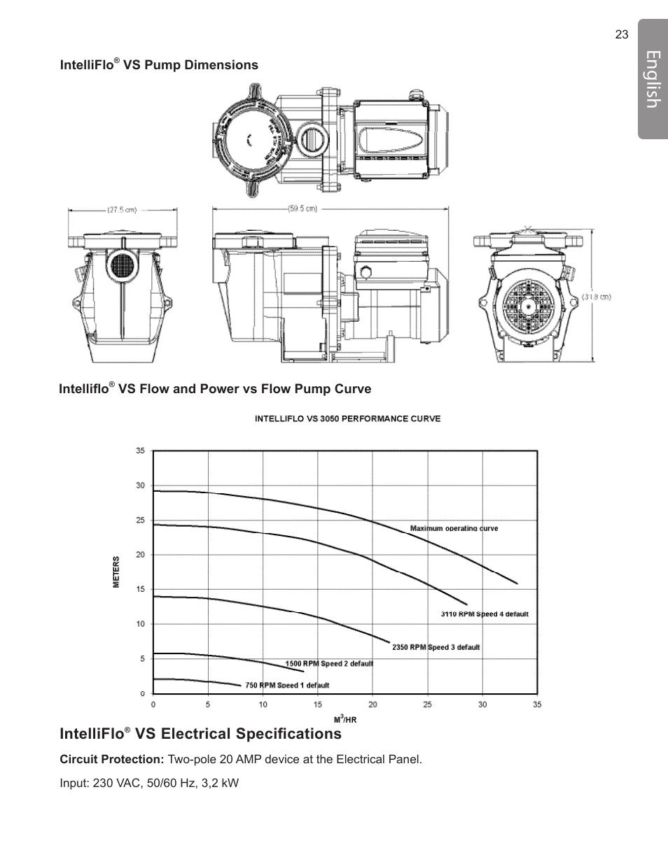 English, Intelliflo, Vs electrical specifications | Pentair INTELLIFLO VS-3050 User Manual | Page 23 / 158
