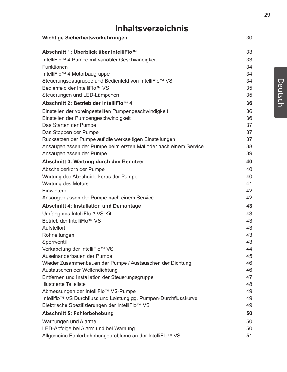 Inhaltsverzeichnis d eutsch | Pentair INTELLIFLO VS-3050 User Manual | Page 29 / 158