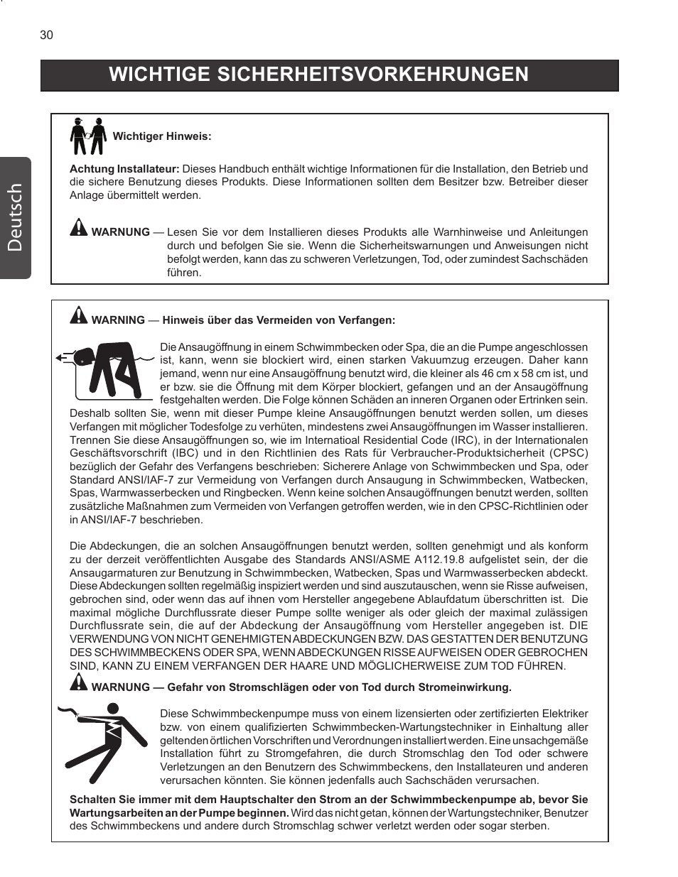 Wichtige sicherheitsvorkehrungen d eutsch | Pentair INTELLIFLO VS-3050 User Manual | Page 30 / 158