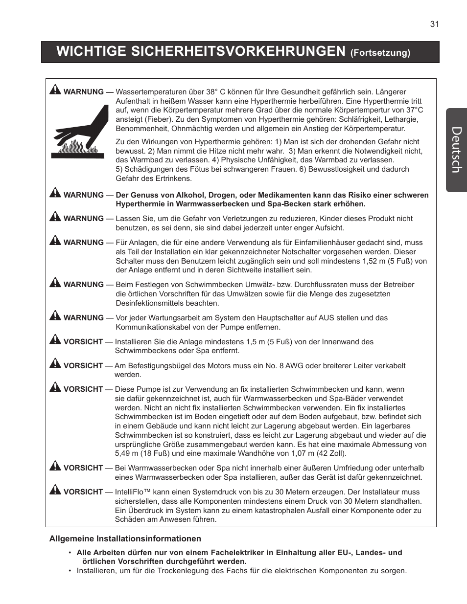 Wichtige sicherheitsvorkehrungen, Deutsch | Pentair INTELLIFLO VS-3050 User Manual | Page 31 / 158