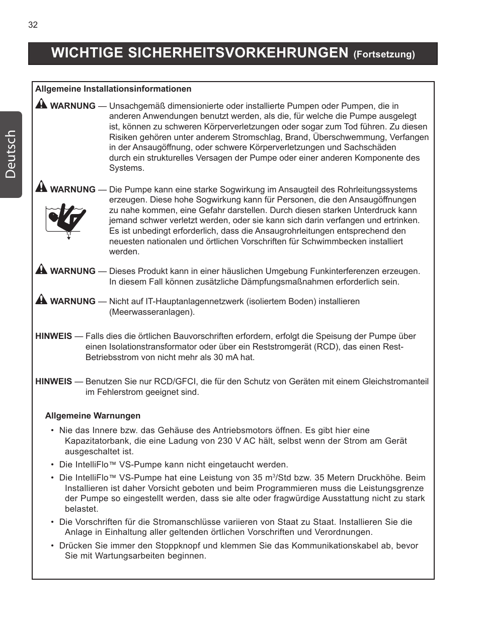 Wichtige sicherheitsvorkehrungen, Deutsch | Pentair INTELLIFLO VS-3050 User Manual | Page 32 / 158
