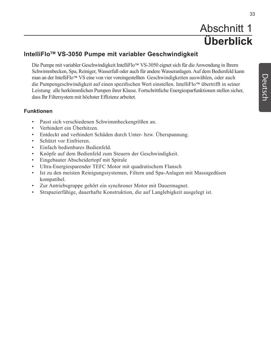 Abschnitt 1 überblick, Deutsch | Pentair INTELLIFLO VS-3050 User Manual | Page 33 / 158