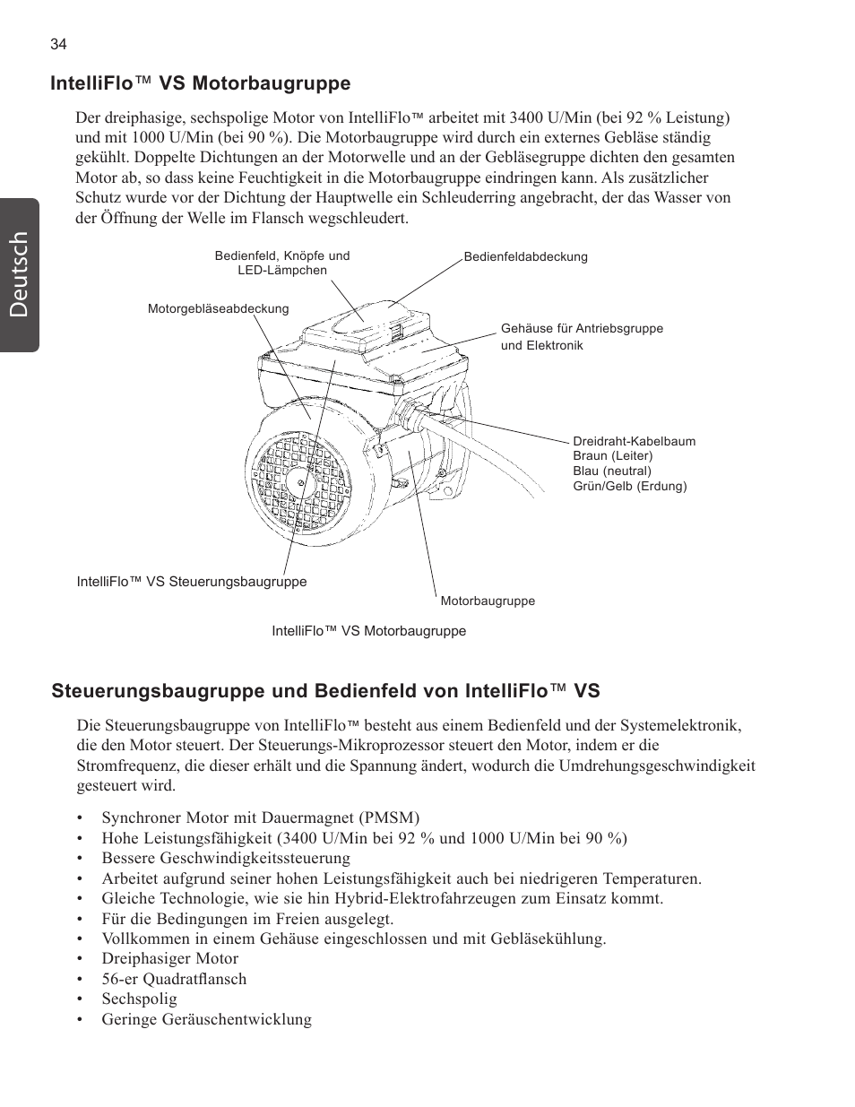 Deutsch, Intelliflo ™ vs motorbaugruppe | Pentair INTELLIFLO VS-3050 User Manual | Page 34 / 158