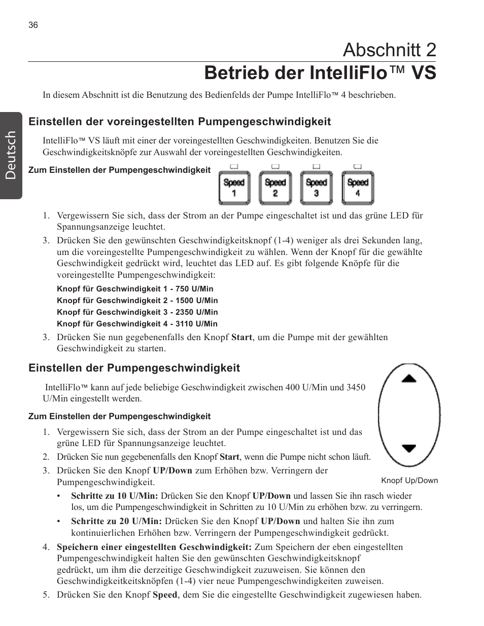 Abschnitt 2 betrieb der intelliflo ™ vs, Deutsch | Pentair INTELLIFLO VS-3050 User Manual | Page 36 / 158