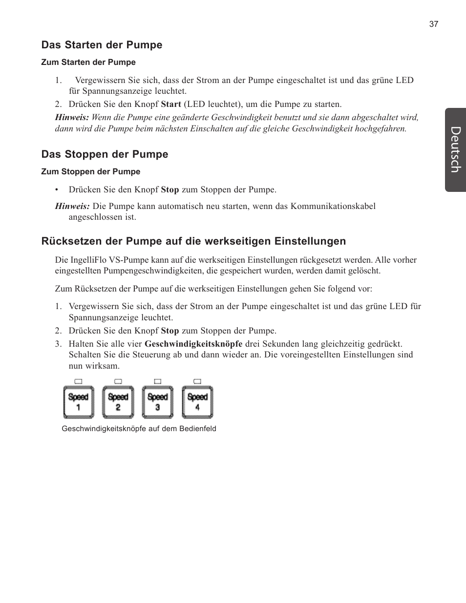 Deutsch | Pentair INTELLIFLO VS-3050 User Manual | Page 37 / 158