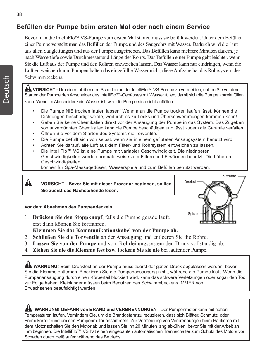 Deutsch | Pentair INTELLIFLO VS-3050 User Manual | Page 38 / 158