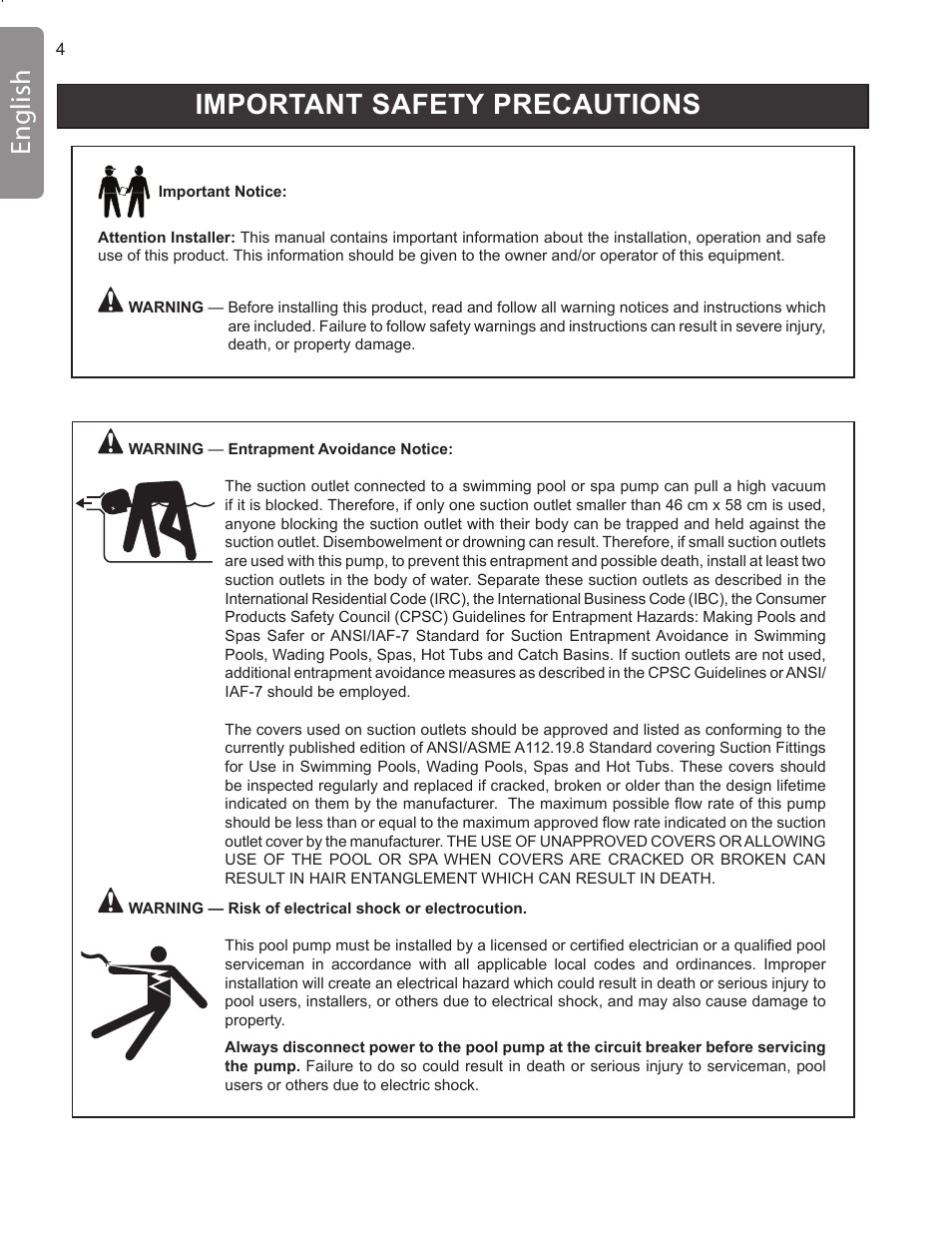 Important safety precautions english | Pentair INTELLIFLO VS-3050 User Manual | Page 4 / 158