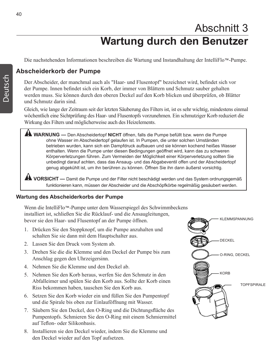 Abschnitt 3 wartung durch den benutzer, Deutsch | Pentair INTELLIFLO VS-3050 User Manual | Page 40 / 158