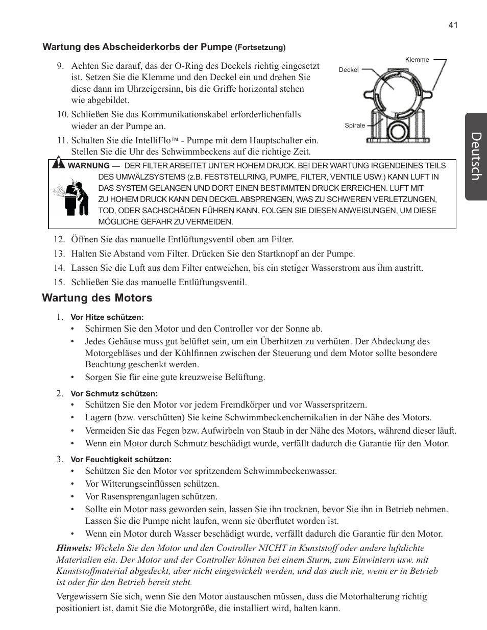 Deutsch, Wartung des motors | Pentair INTELLIFLO VS-3050 User Manual | Page 41 / 158