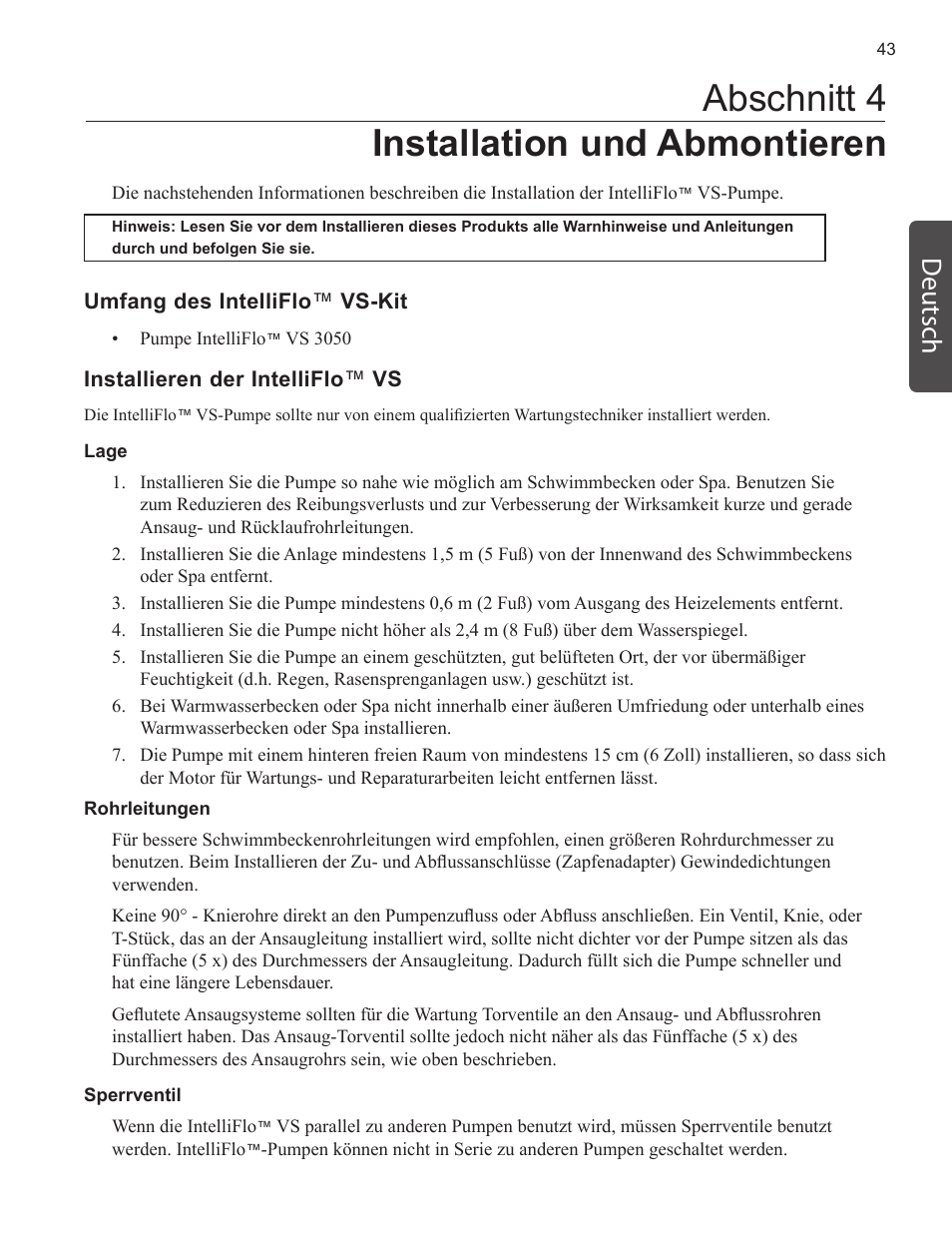 Abschnitt 4 installation und abmontieren, Deutsch | Pentair INTELLIFLO VS-3050 User Manual | Page 43 / 158