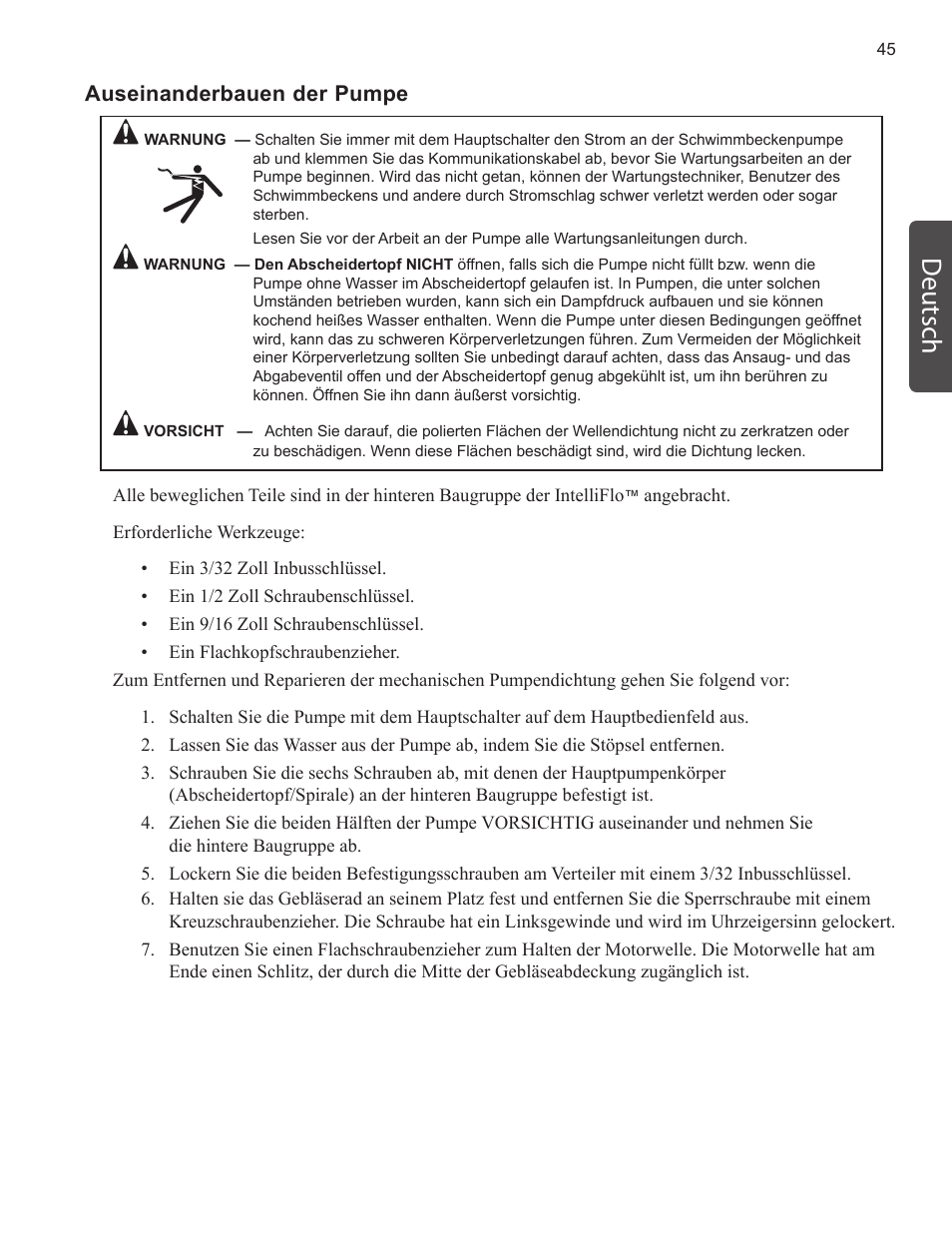 Deutsch, Auseinanderbauen der pumpe | Pentair INTELLIFLO VS-3050 User Manual | Page 45 / 158