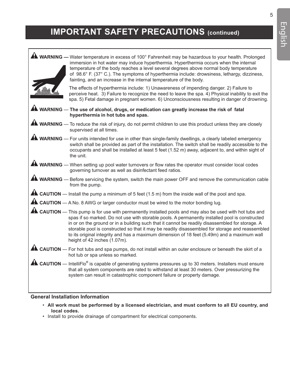 Important safety precautions, English | Pentair INTELLIFLO VS-3050 User Manual | Page 5 / 158