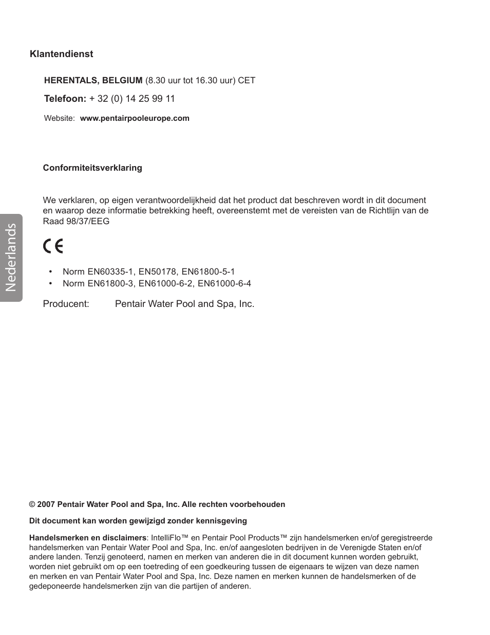Neder lands | Pentair INTELLIFLO VS-3050 User Manual | Page 54 / 158