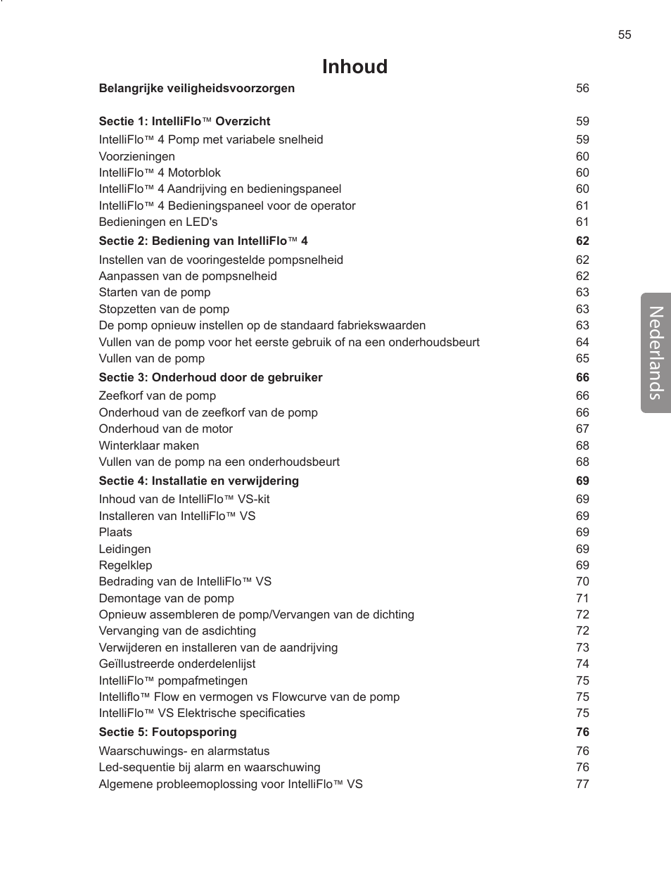 Inhoud neder lands | Pentair INTELLIFLO VS-3050 User Manual | Page 55 / 158