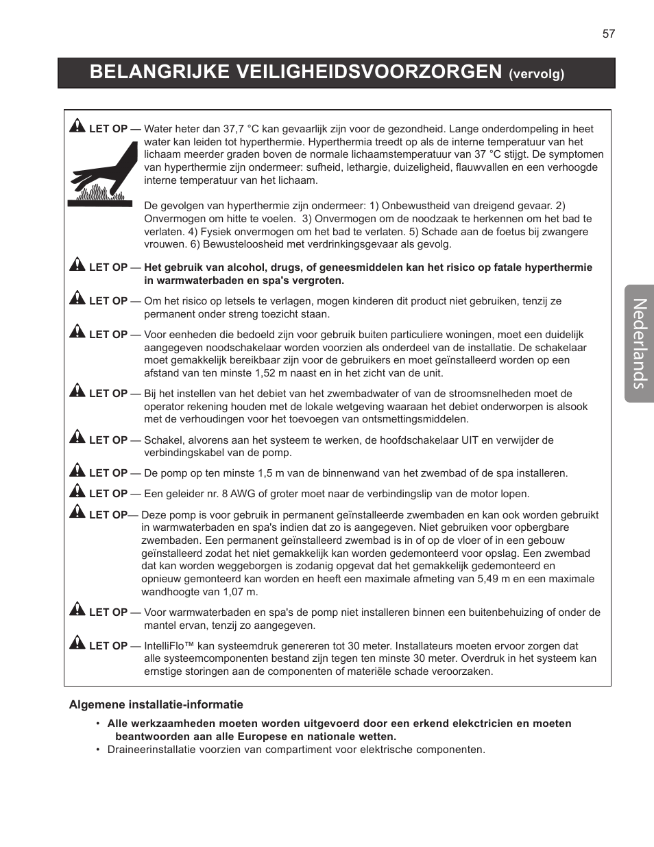 Belangrijke veiligheidsvoorzorgen, Neder lands | Pentair INTELLIFLO VS-3050 User Manual | Page 57 / 158