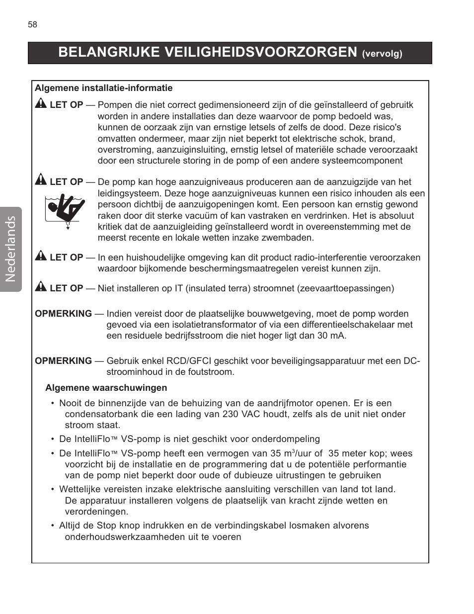 Belangrijke veiligheidsvoorzorgen, Neder lands | Pentair INTELLIFLO VS-3050 User Manual | Page 58 / 158
