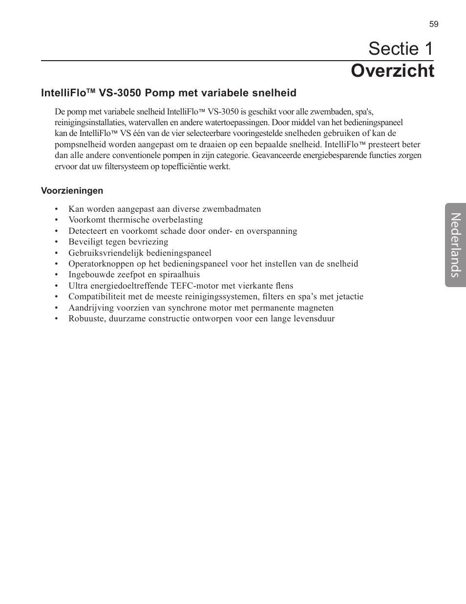 Sectie 1 overzicht, Neder lands | Pentair INTELLIFLO VS-3050 User Manual | Page 59 / 158