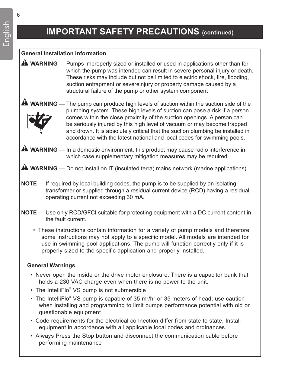 Important safety precautions, English | Pentair INTELLIFLO VS-3050 User Manual | Page 6 / 158