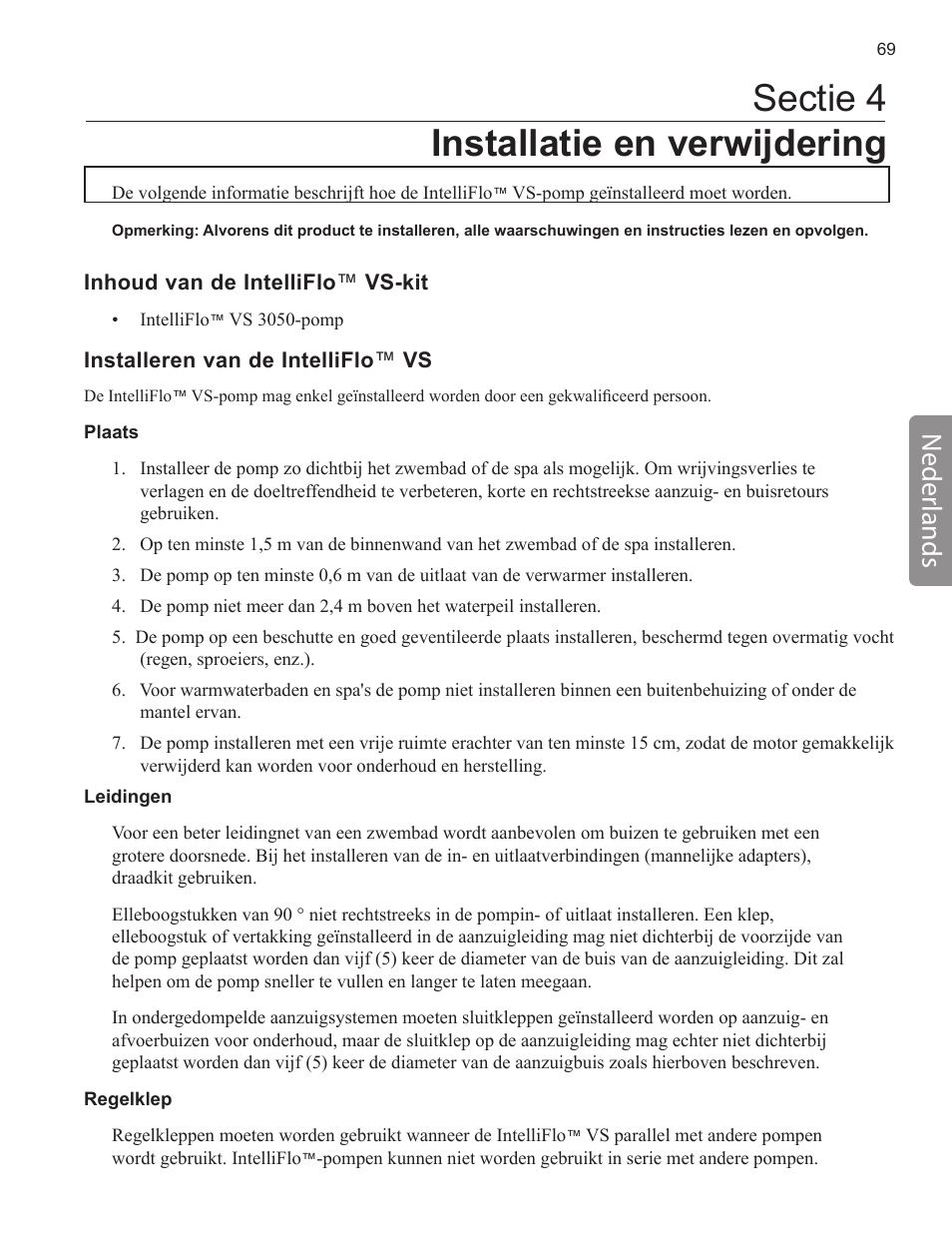 Sectie 4 installatie en verwijdering, Neder lands | Pentair INTELLIFLO VS-3050 User Manual | Page 69 / 158