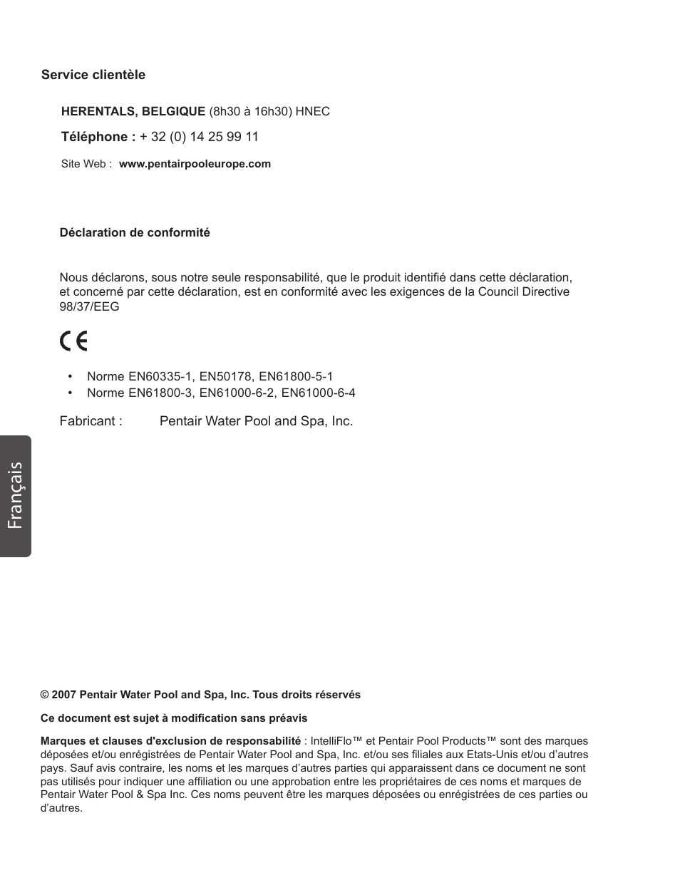 Fr ançais | Pentair INTELLIFLO VS-3050 User Manual | Page 80 / 158