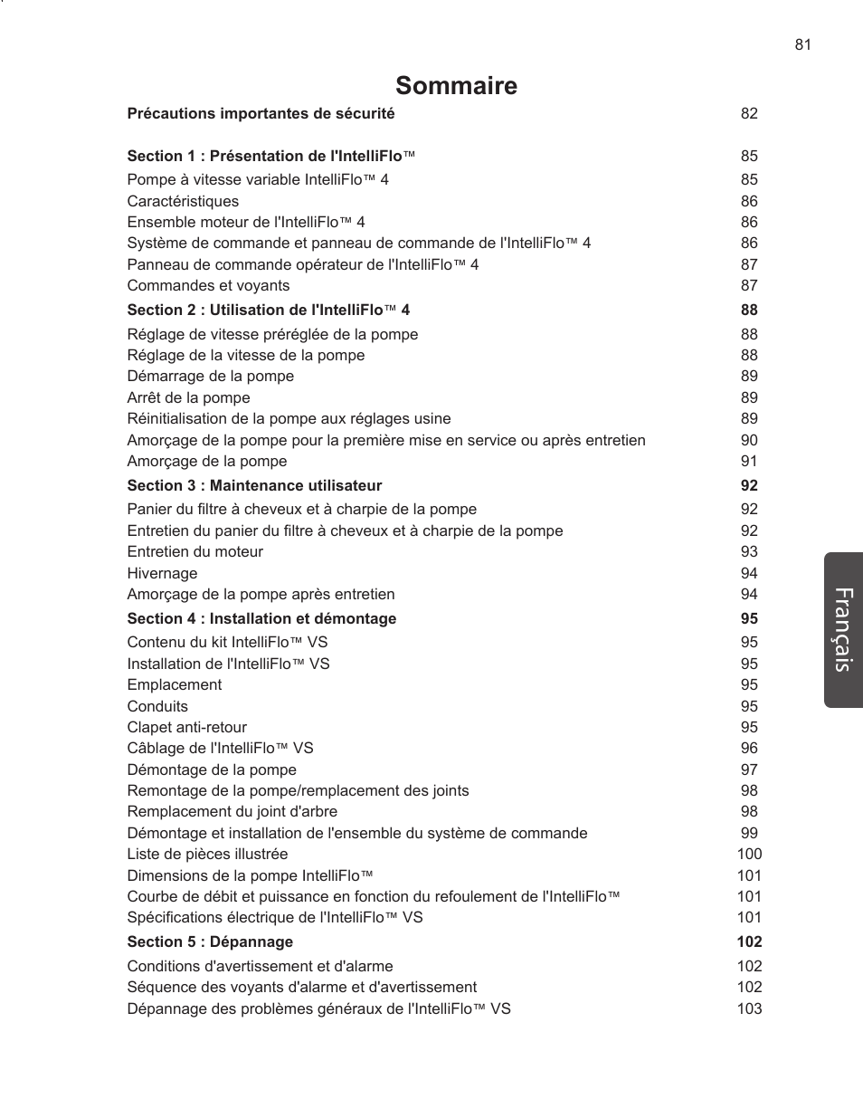 Sommaire français | Pentair INTELLIFLO VS-3050 User Manual | Page 81 / 158