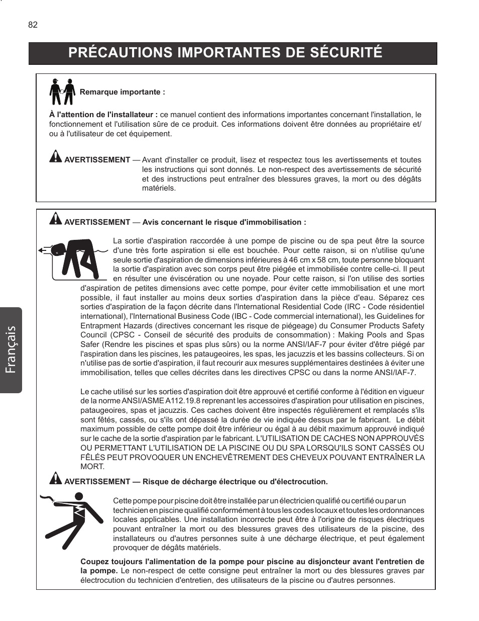 Précautions importantes de sécurité fr ançais | Pentair INTELLIFLO VS-3050 User Manual | Page 82 / 158