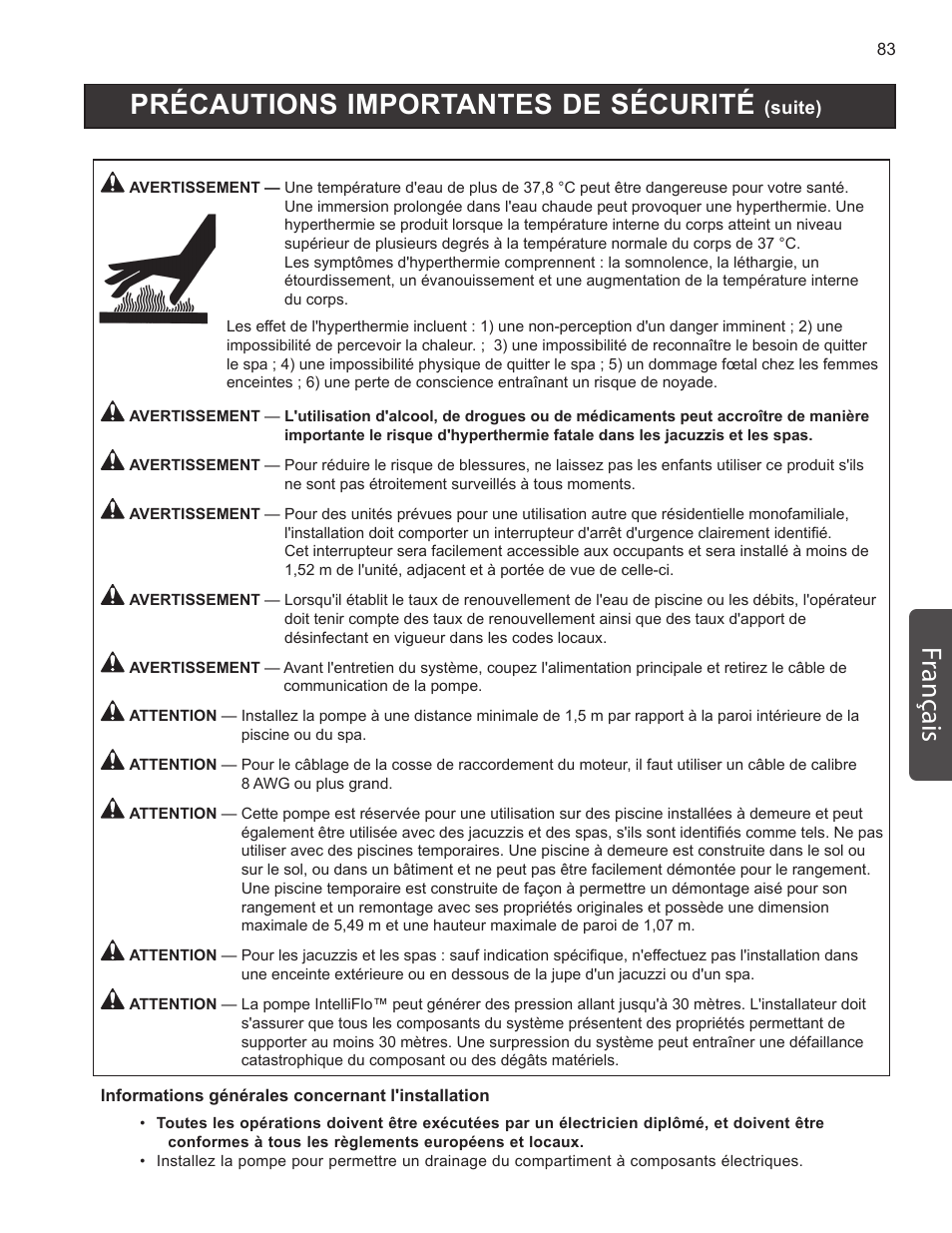 Précautions importantes de sécurité, Français | Pentair INTELLIFLO VS-3050 User Manual | Page 83 / 158