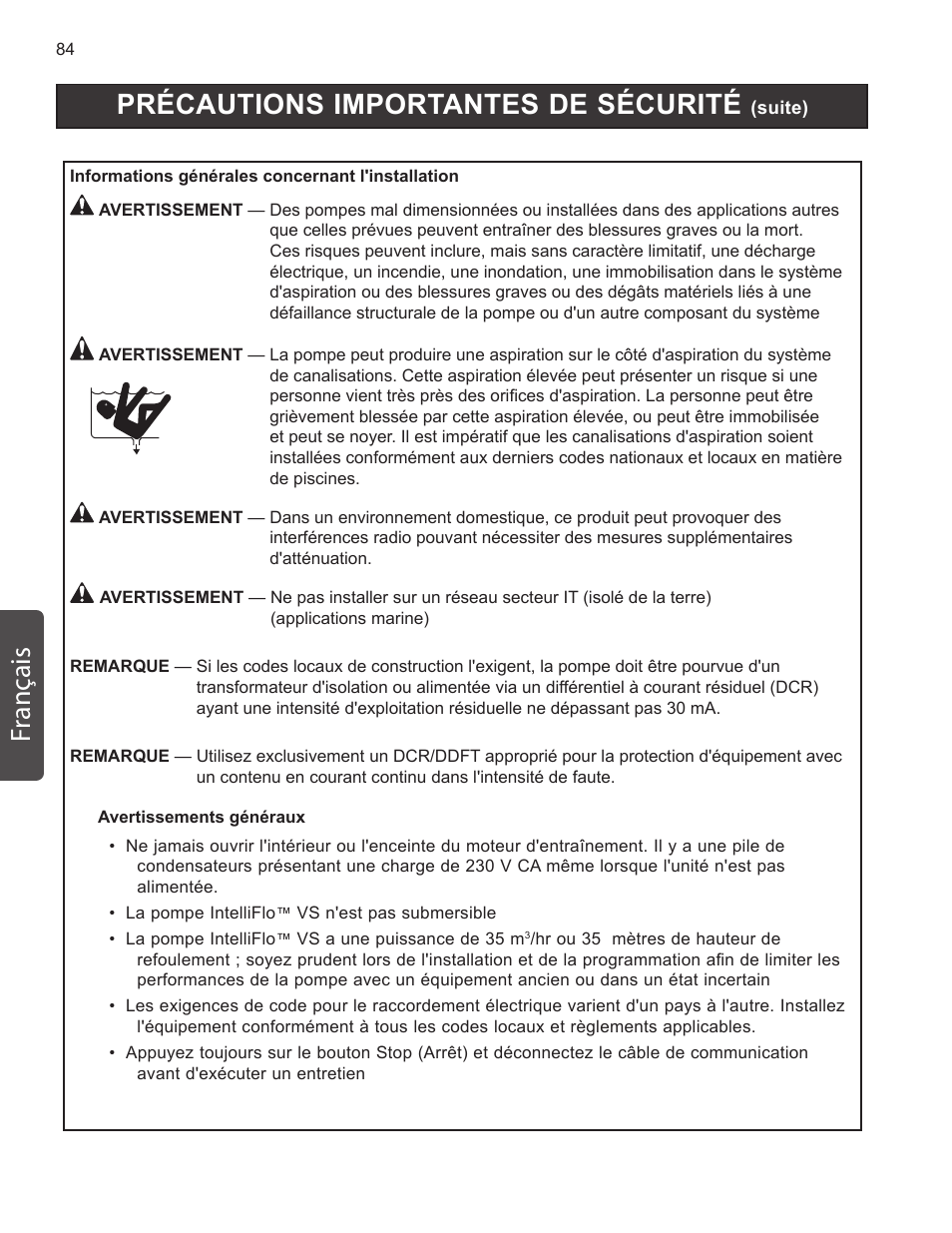 Précautions importantes de sécurité, Fr ançais | Pentair INTELLIFLO VS-3050 User Manual | Page 84 / 158