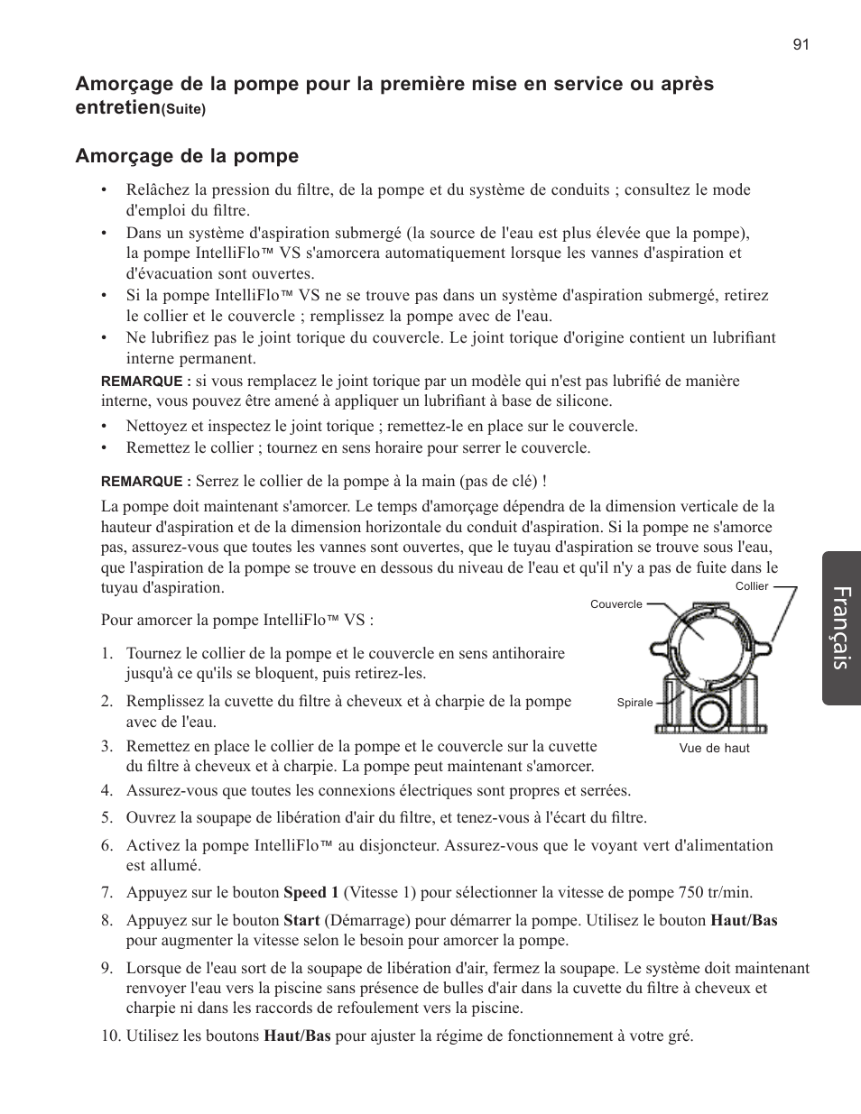 Français, Amorçage de la pompe | Pentair INTELLIFLO VS-3050 User Manual | Page 91 / 158
