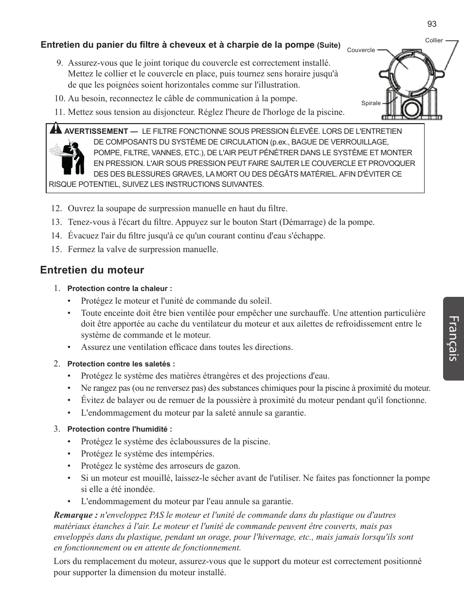Français, Entretien du moteur | Pentair INTELLIFLO VS-3050 User Manual | Page 93 / 158
