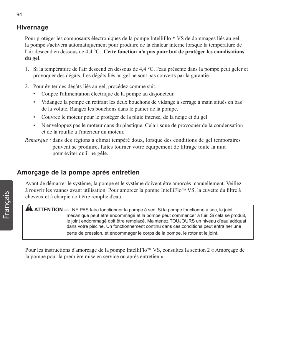 Fr ançais | Pentair INTELLIFLO VS-3050 User Manual | Page 94 / 158
