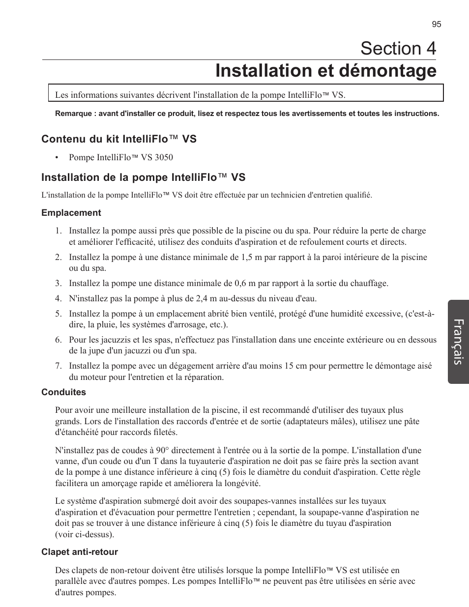 Français | Pentair INTELLIFLO VS-3050 User Manual | Page 95 / 158