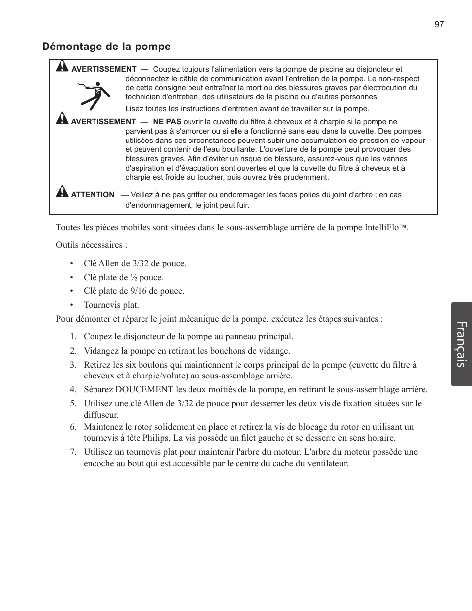 Français, Démontage de la pompe | Pentair INTELLIFLO VS-3050 User Manual | Page 97 / 158
