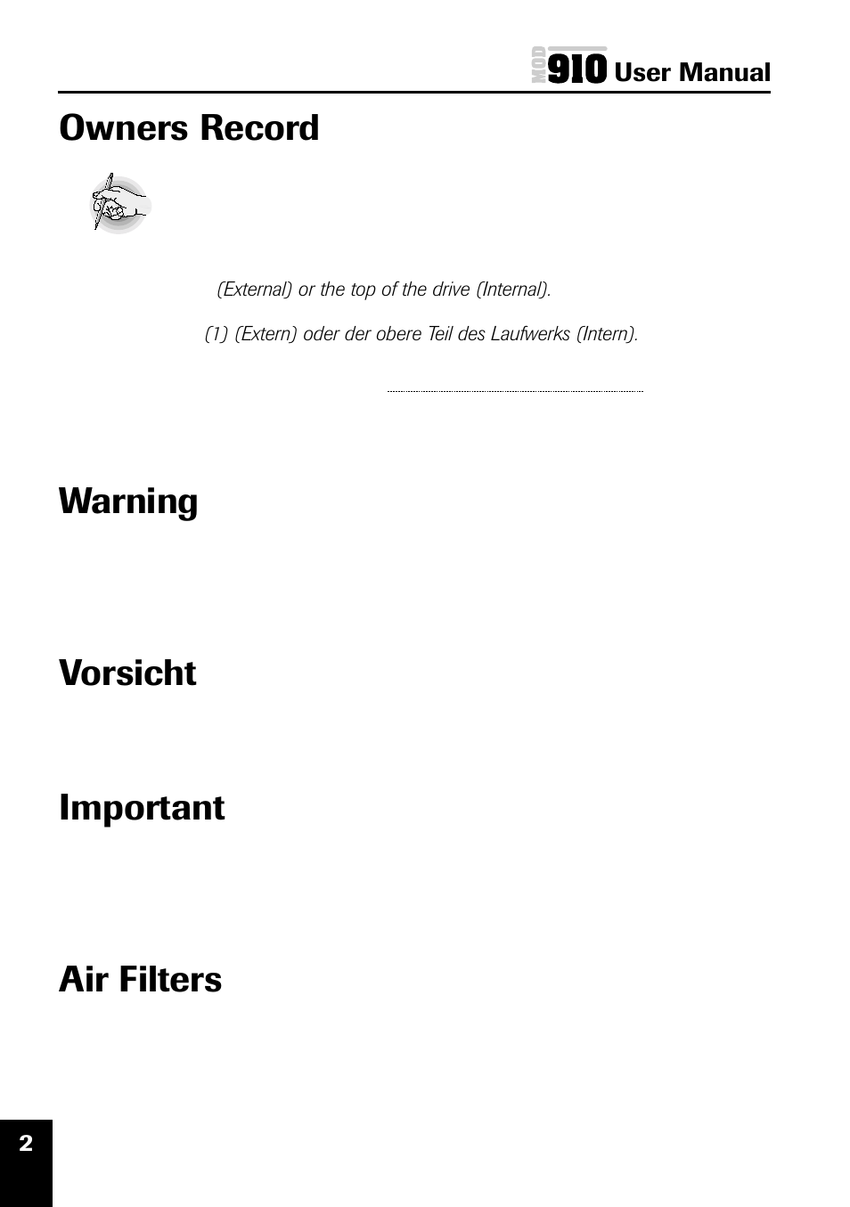Owners record, Warning, Vorsicht | Important, Air filters, User manual | Plasmon MOD 910 User Manual | Page 11 / 33