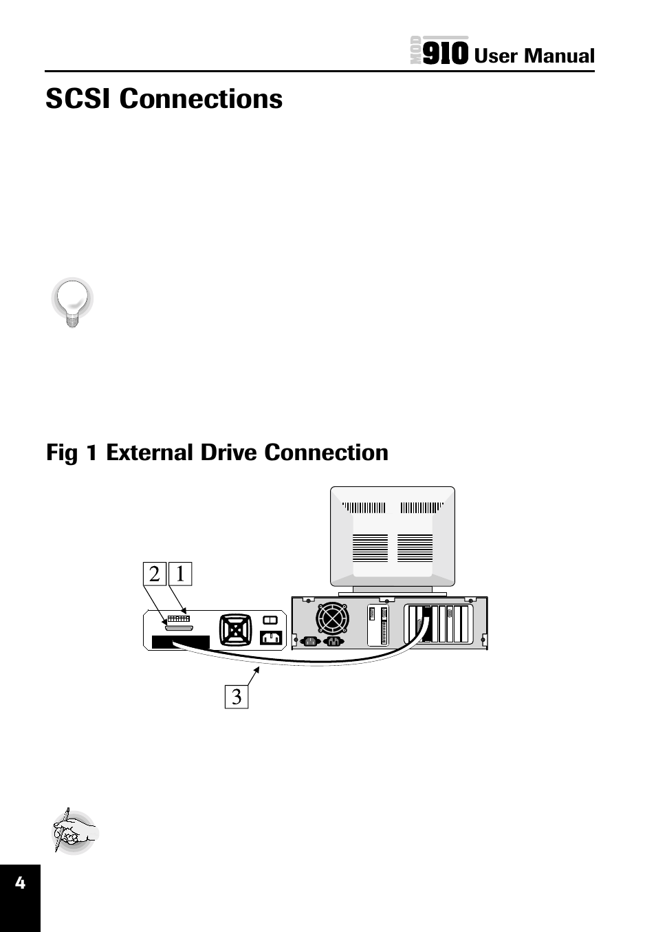Scsi connections, Fig 1 external drive connection, User manual | Plasmon MOD 910 User Manual | Page 13 / 33