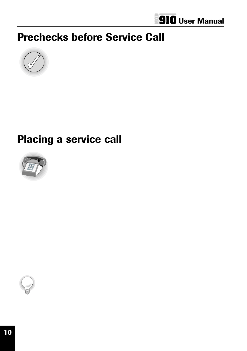 Prechecks before service call, Placing a service call, User manual | Plasmon MOD 910 User Manual | Page 19 / 33