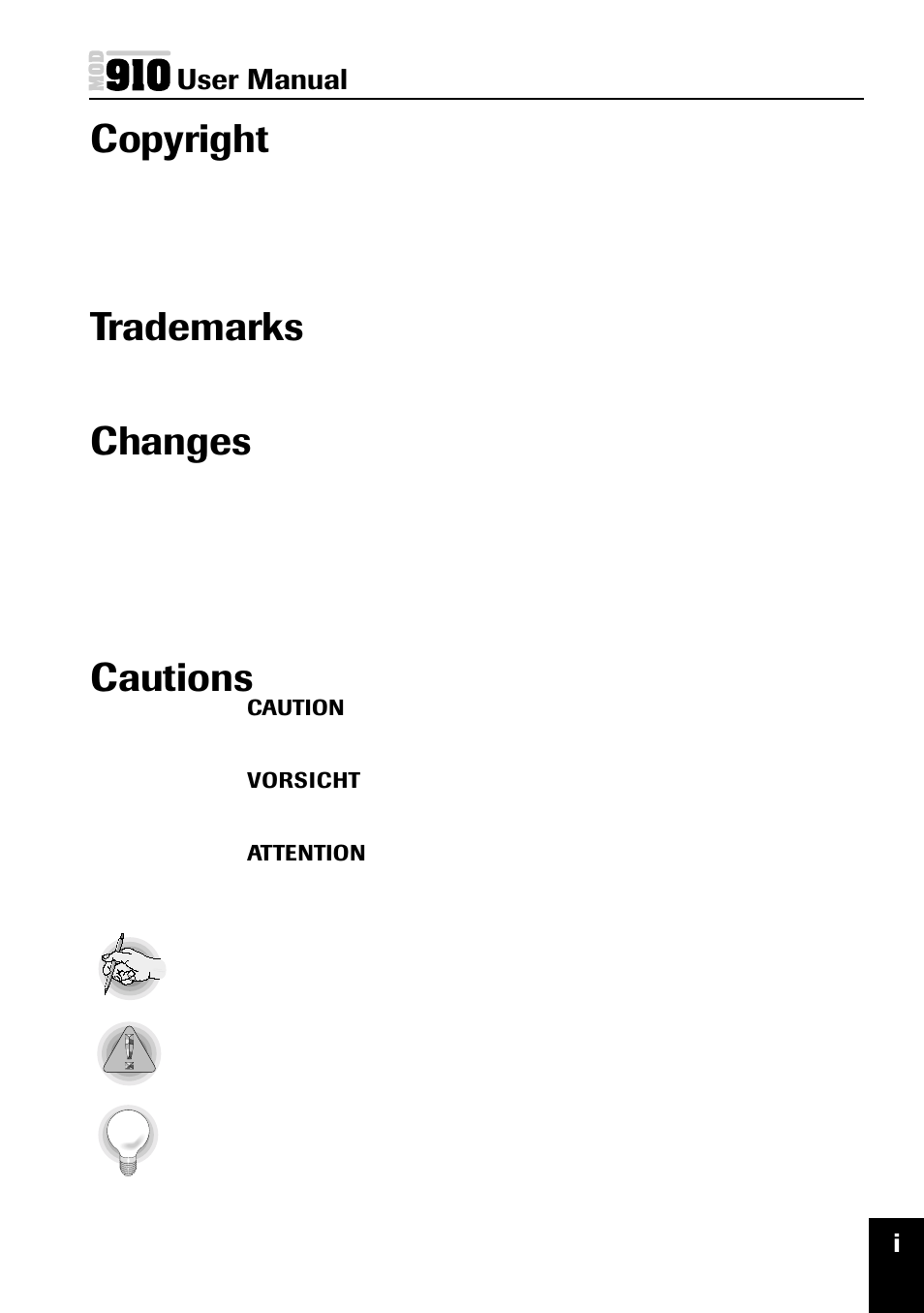 Copyright, Trademarks, Changes | Cautions | Plasmon MOD 910 User Manual | Page 2 / 33