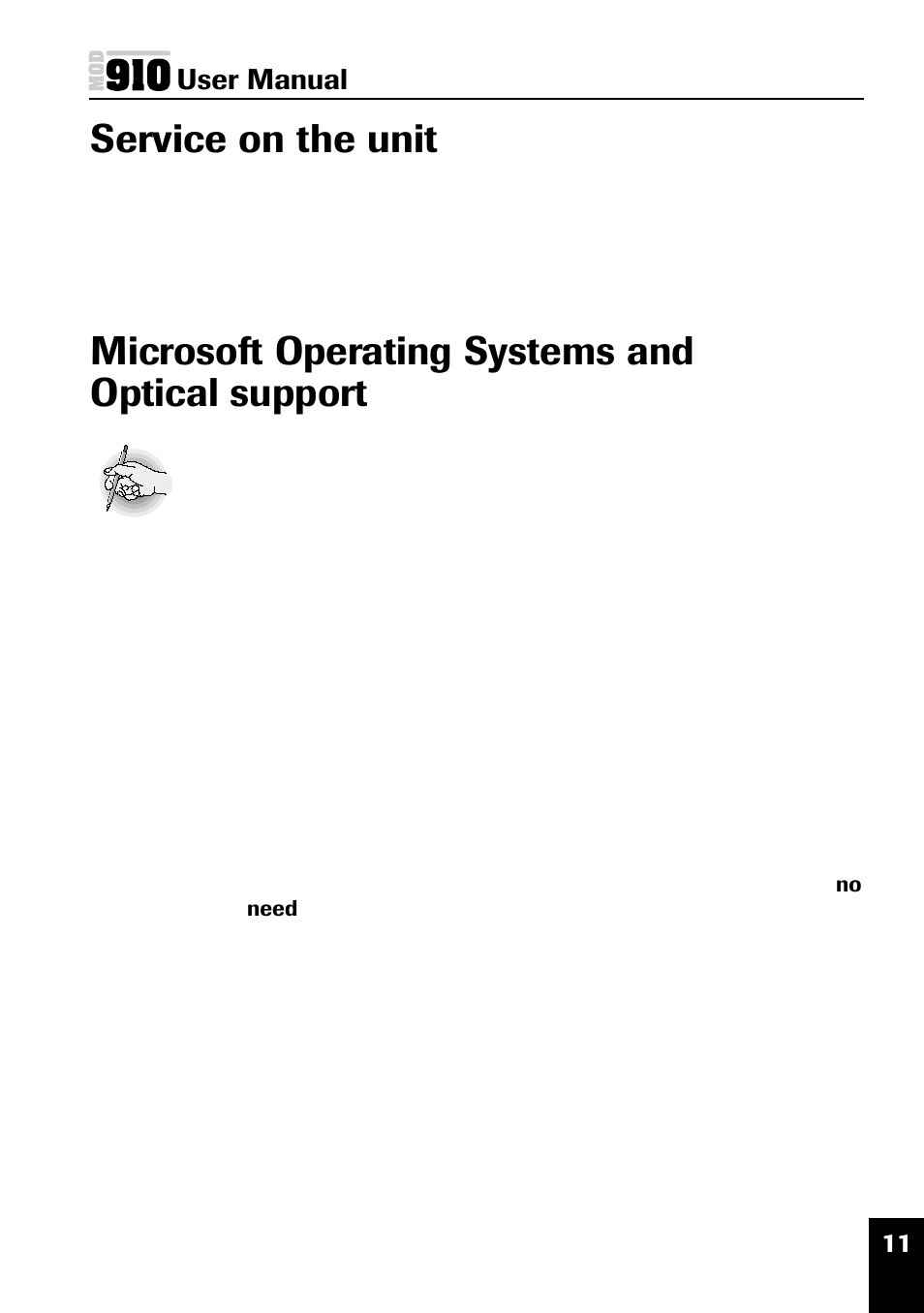 Service on the unit, Microsoft operating systems and optical support | Plasmon MOD 910 User Manual | Page 20 / 33