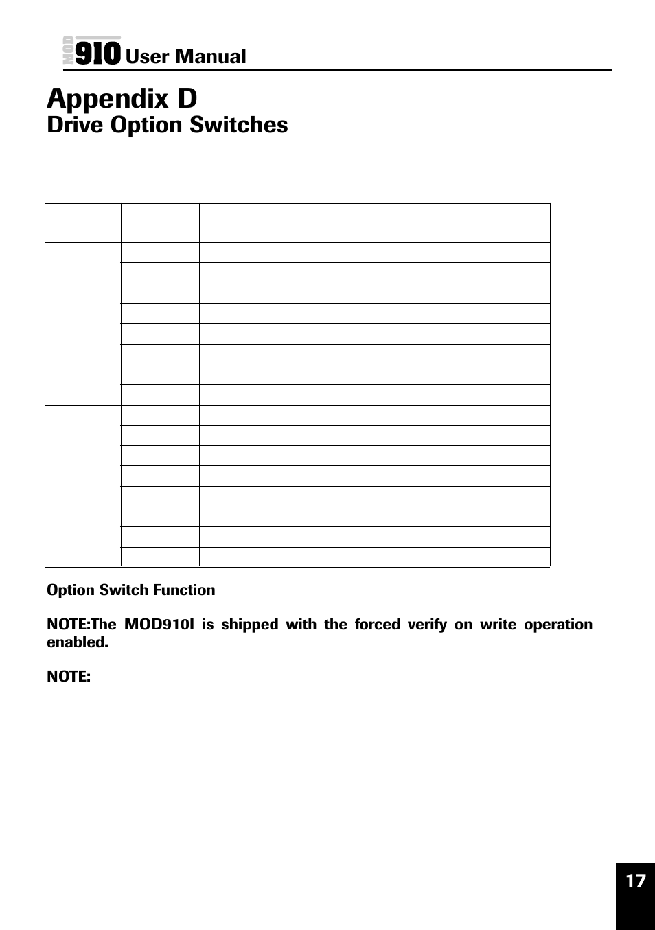 Appendix d, Drive option switches, User manual | Plasmon MOD 910 User Manual | Page 26 / 33